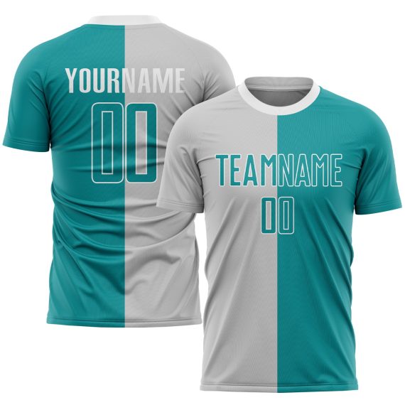 Custom Gray Aqua-White Sublimation Split Fashion Soccer Uniform Jersey